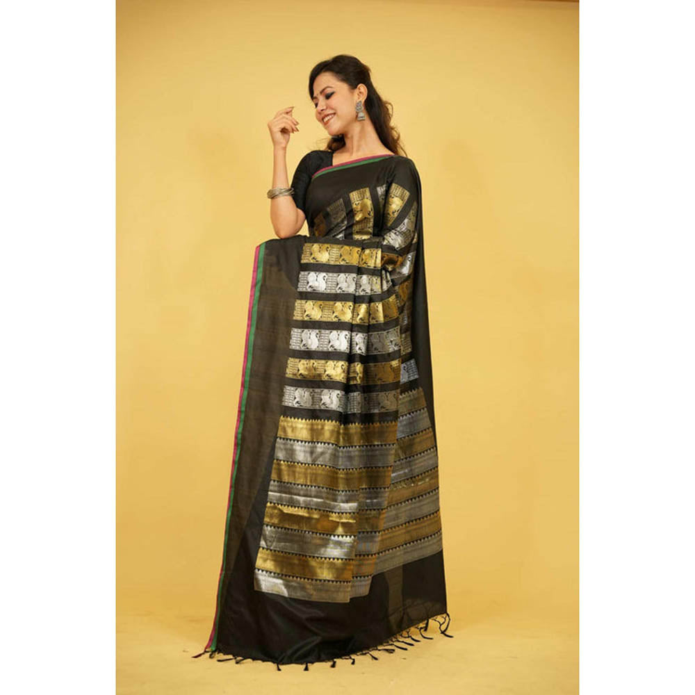 Isadora Life Womens Woven Zari Black Pre-Draped Saree With Unstitched Blouse