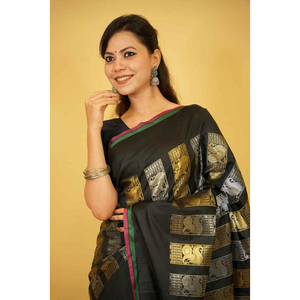 Isadora Life Womens Woven Zari Black Pre-Draped Saree With Unstitched Blouse