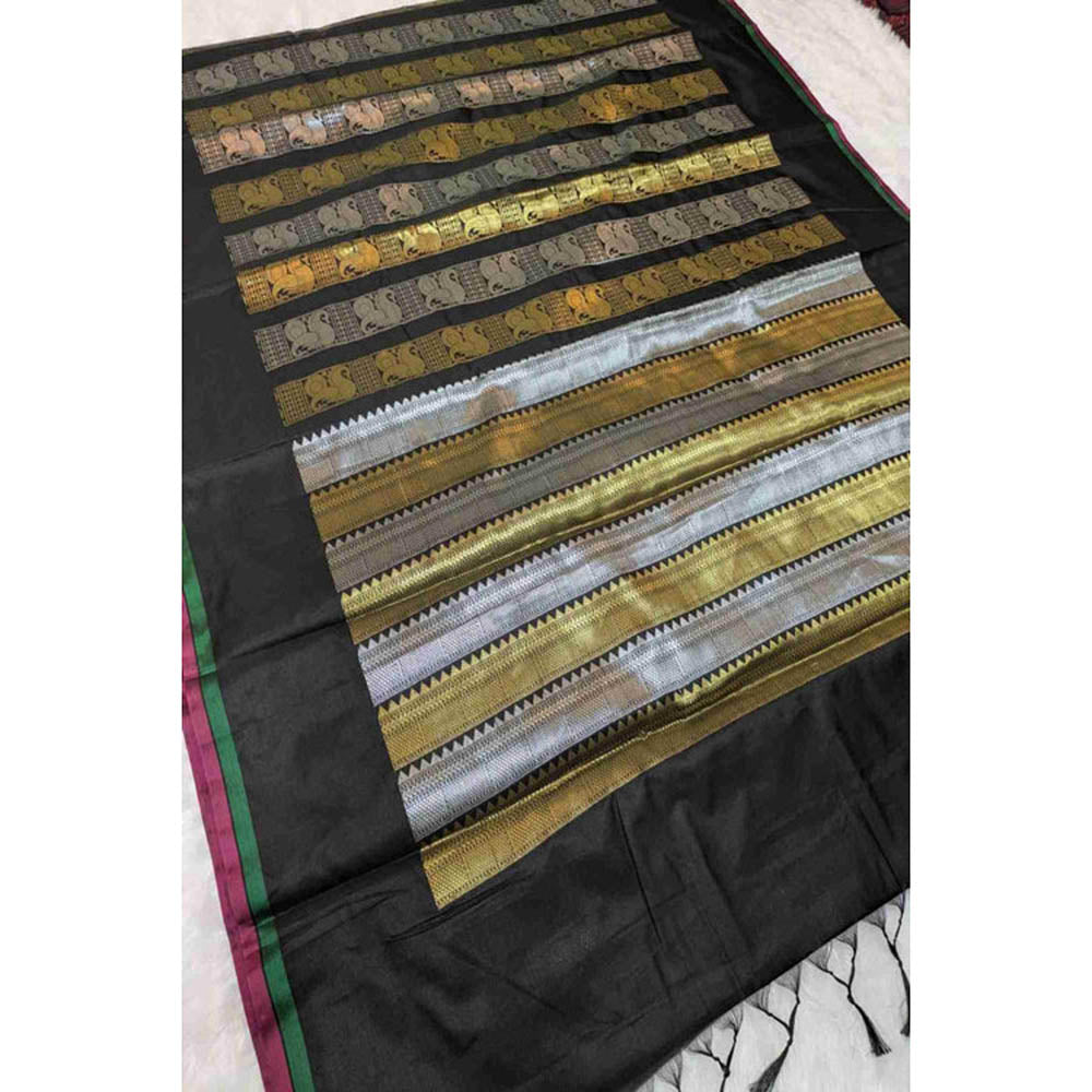 Isadora Life Womens Woven Zari Black Pre-Draped Saree With Unstitched Blouse