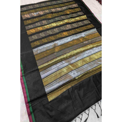 Isadora Life Womens Woven Zari Black Pre-Draped Saree With Unstitched Blouse