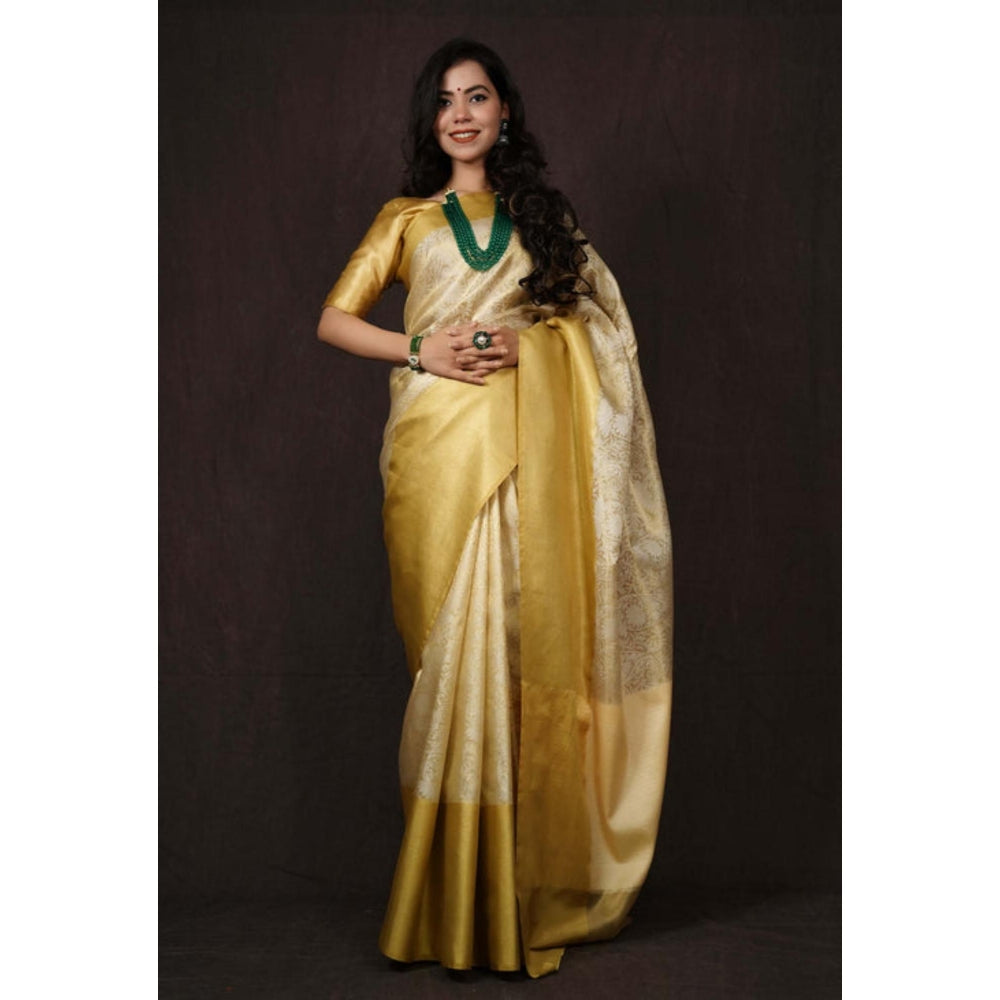 Isadora Life Womens Woven Zari Ivory Pre-Draped Saree With Unstitched Blouse