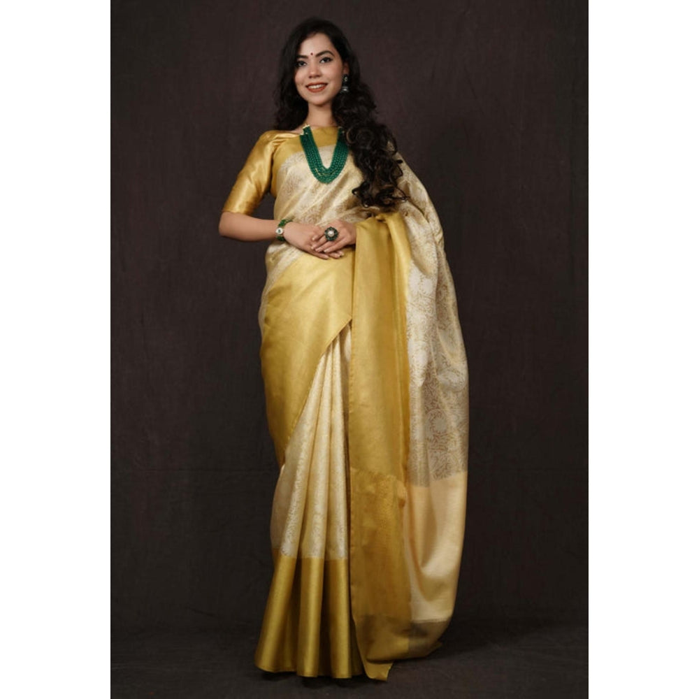 Isadora Life Womens Woven Zari Ivory Pre-Draped Saree With Unstitched Blouse
