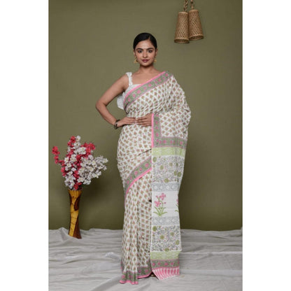 Isadora Life Womens Floral Printed Beige Pre-Draped Saree With Unstitched Blouse