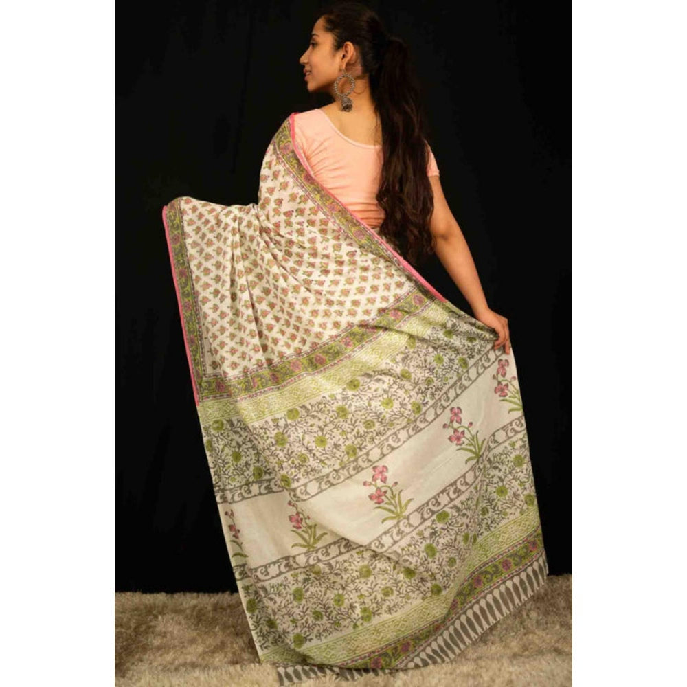 Isadora Life Womens Floral Printed Beige Pre-Draped Saree With Unstitched Blouse