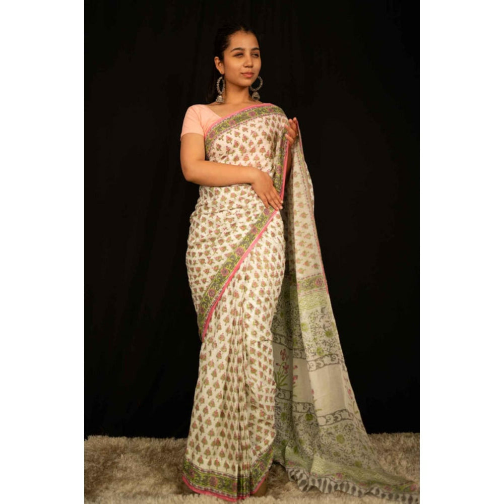 Isadora Life Womens Floral Printed Beige Pre-Draped Saree With Unstitched Blouse