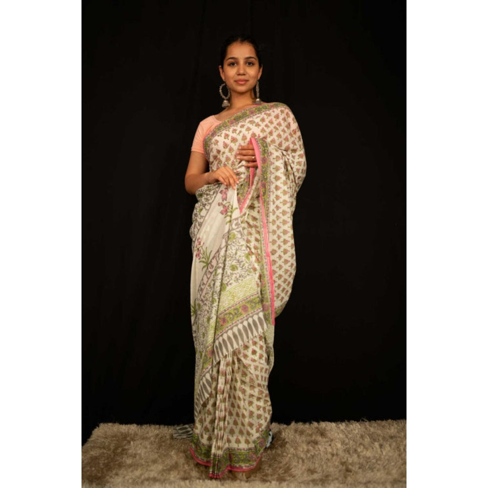 Isadora Life Womens Floral Printed Beige Pre-Draped Saree With Unstitched Blouse