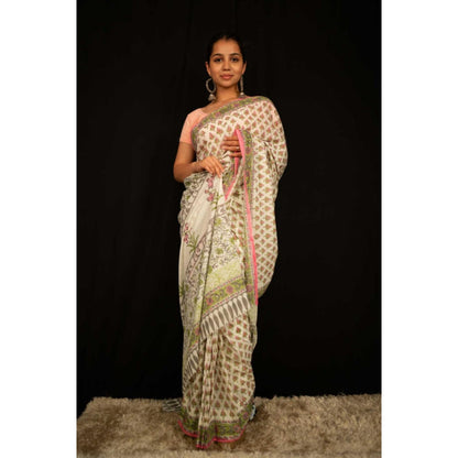 Isadora Life Womens Floral Printed Beige Pre-Draped Saree With Unstitched Blouse
