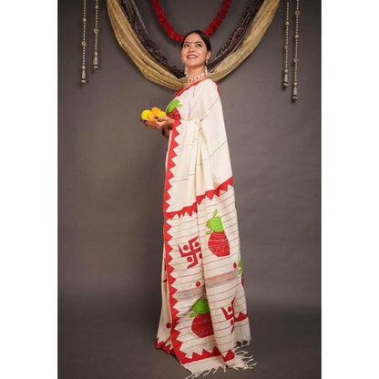 Isadora Life Womens Printed Tassels Beige Pre-Draped Saree With Unstitched Blouse