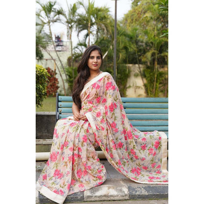 Isadora Life Womens Floral Printed Beige Pre-Draped Saree With Unstitched Blouse