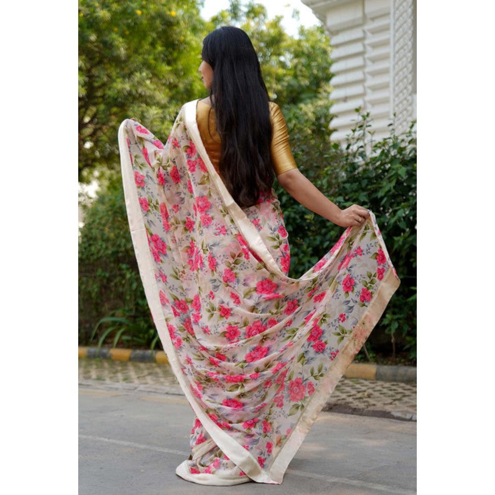 Isadora Life Womens Floral Printed Beige Pre-Draped Saree With Unstitched Blouse