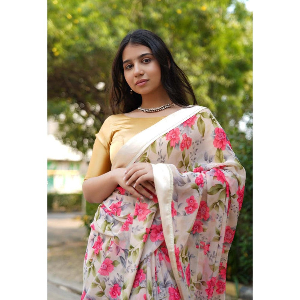Isadora Life Womens Floral Printed Beige Pre-Draped Saree With Unstitched Blouse
