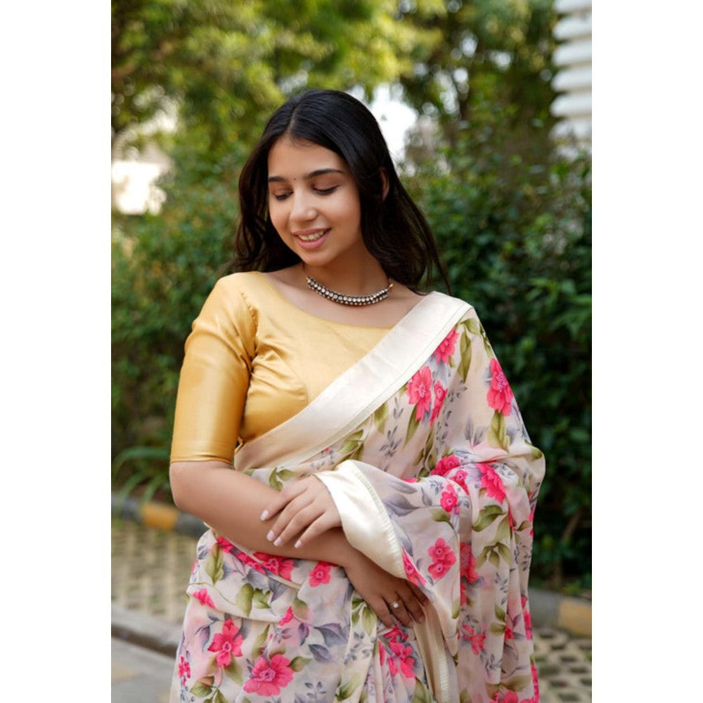 Isadora Life Womens Floral Printed Beige Pre-Draped Saree With Unstitched Blouse