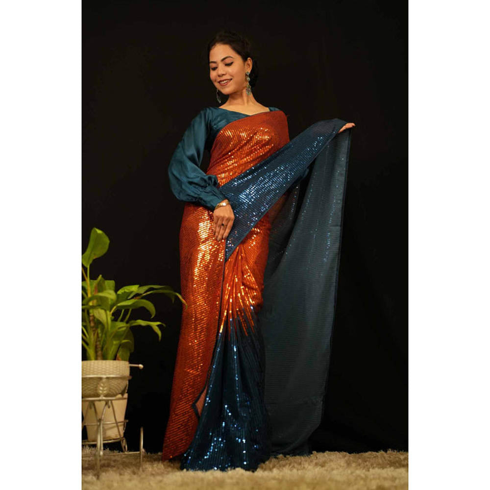 Isadora Life Womens Sequined Multi-Color Pre-Draped Saree With Unstitched Blouse