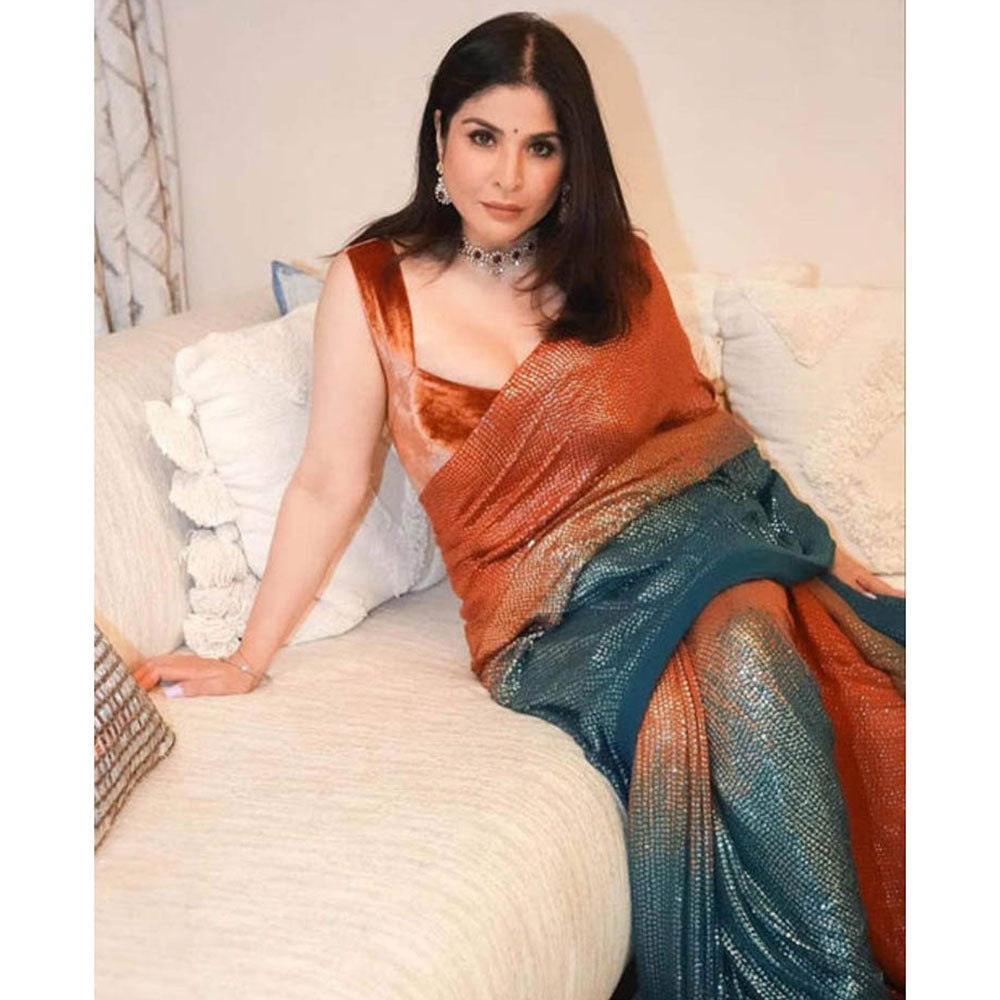 Isadora Life Womens Sequined Multi-Color Pre-Draped Saree With Unstitched Blouse