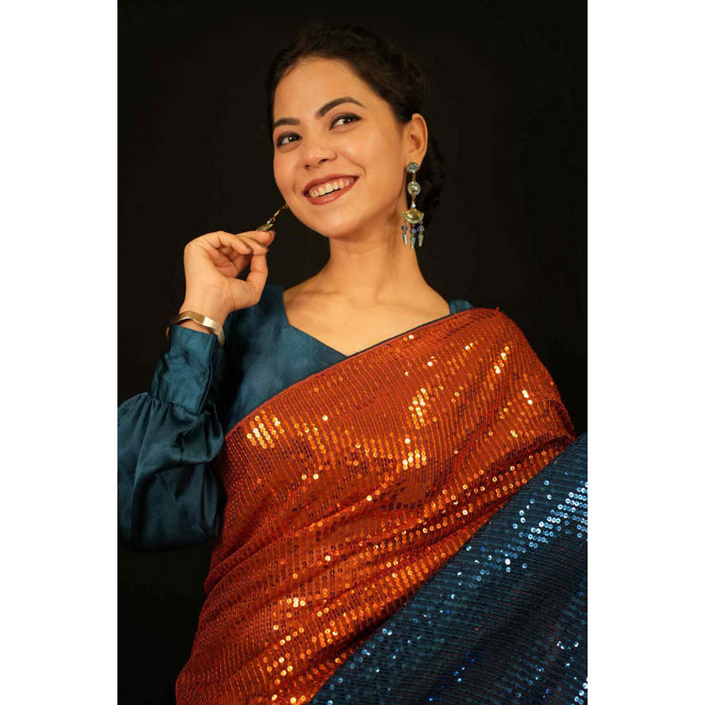 Isadora Life Womens Sequined Multi-Color Pre-Draped Saree With Unstitched Blouse