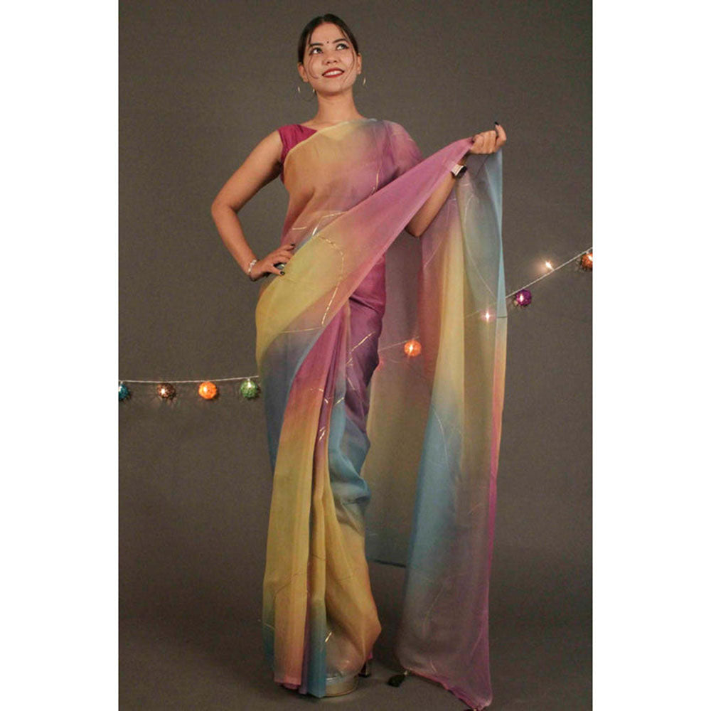 Isadora Life Womens Ombre Embroidered Multi-Color Pre-Draped Saree With Unstitched Blouse