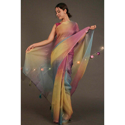 Isadora Life Womens Ombre Embroidered Multi-Color Pre-Draped Saree With Unstitched Blouse