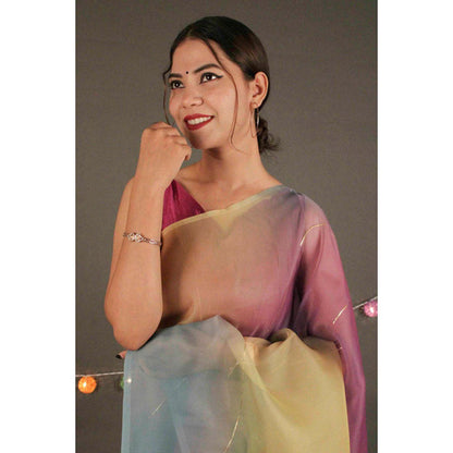 Isadora Life Womens Ombre Embroidered Multi-Color Pre-Draped Saree With Unstitched Blouse