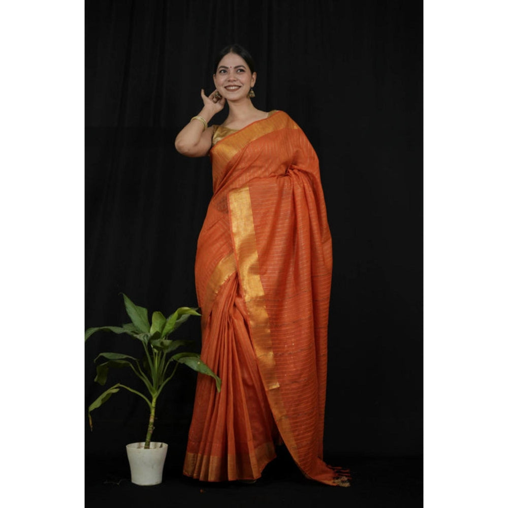 Isadora Life Womens Sequined Zari Orange Pre-Draped Saree With Unstitched Blouse