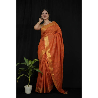 Isadora Life Womens Sequined Zari Orange Pre-Draped Saree With Unstitched Blouse