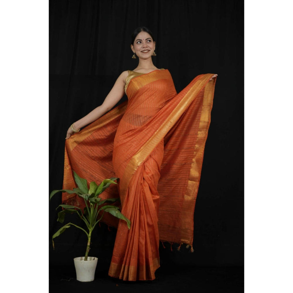 Isadora Life Womens Sequined Zari Orange Pre-Draped Saree With Unstitched Blouse