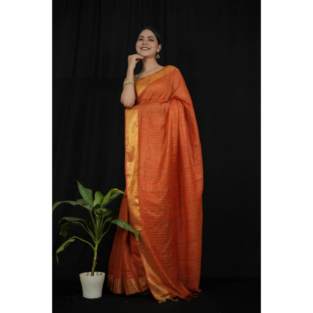 Isadora Life Womens Sequined Zari Orange Pre-Draped Saree With Unstitched Blouse