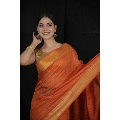 Isadora Life Womens Sequined Zari Orange Pre-Draped Saree With Unstitched Blouse