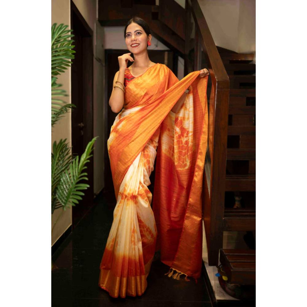 Isadora Life Womens Tie & Dye Tassels Orange Pre-Draped Saree With Unstitched Blouse