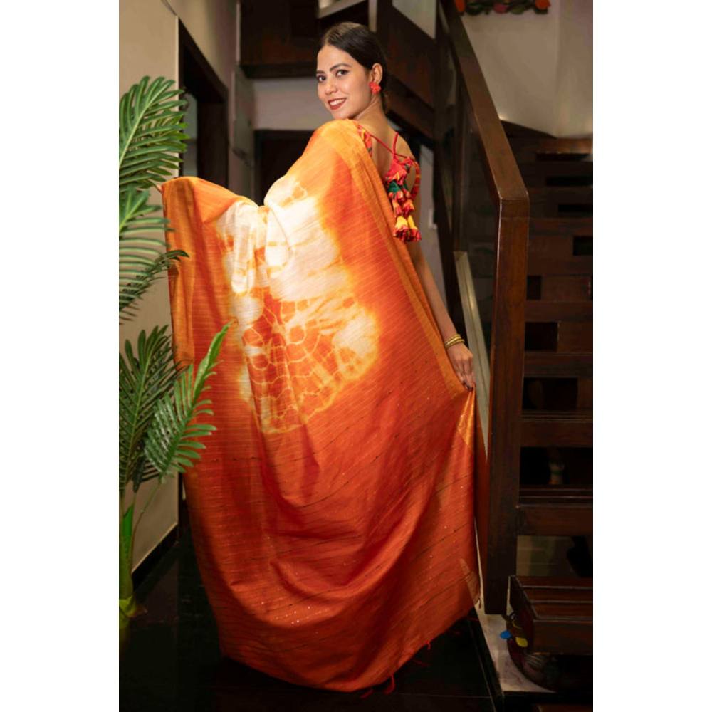 Isadora Life Womens Tie & Dye Tassels Orange Pre-Draped Saree With Unstitched Blouse