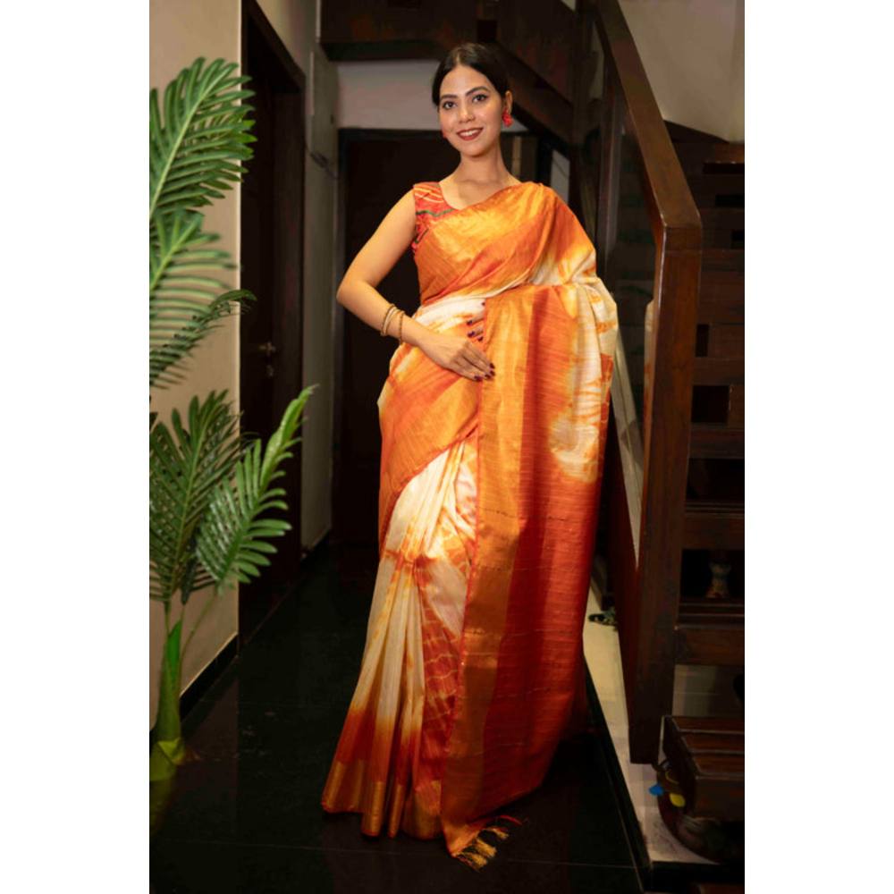 Isadora Life Womens Tie & Dye Tassels Orange Pre-Draped Saree With Unstitched Blouse