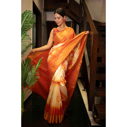 Isadora Life Womens Tie & Dye Tassels Orange Pre-Draped Saree With Unstitched Blouse