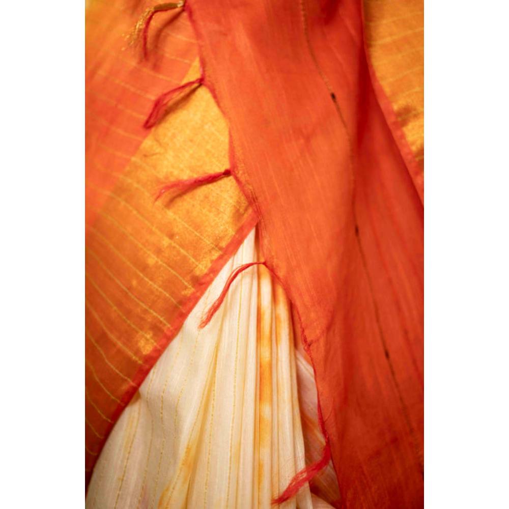 Isadora Life Womens Tie & Dye Tassels Orange Pre-Draped Saree With Unstitched Blouse