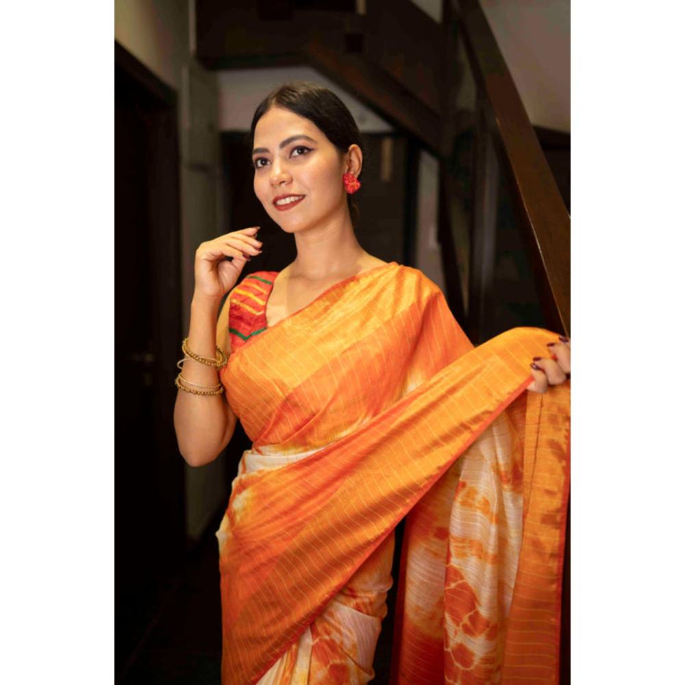 Isadora Life Womens Tie & Dye Tassels Orange Pre-Draped Saree With Unstitched Blouse