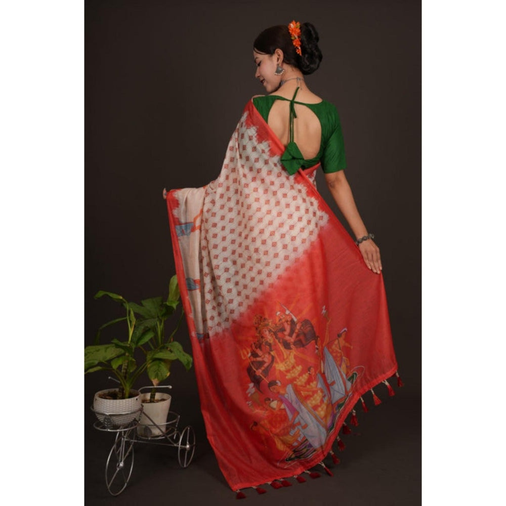 Isadora Life Womens Printed Tassels Cream Pre-Draped Saree With Unstitched Blouse