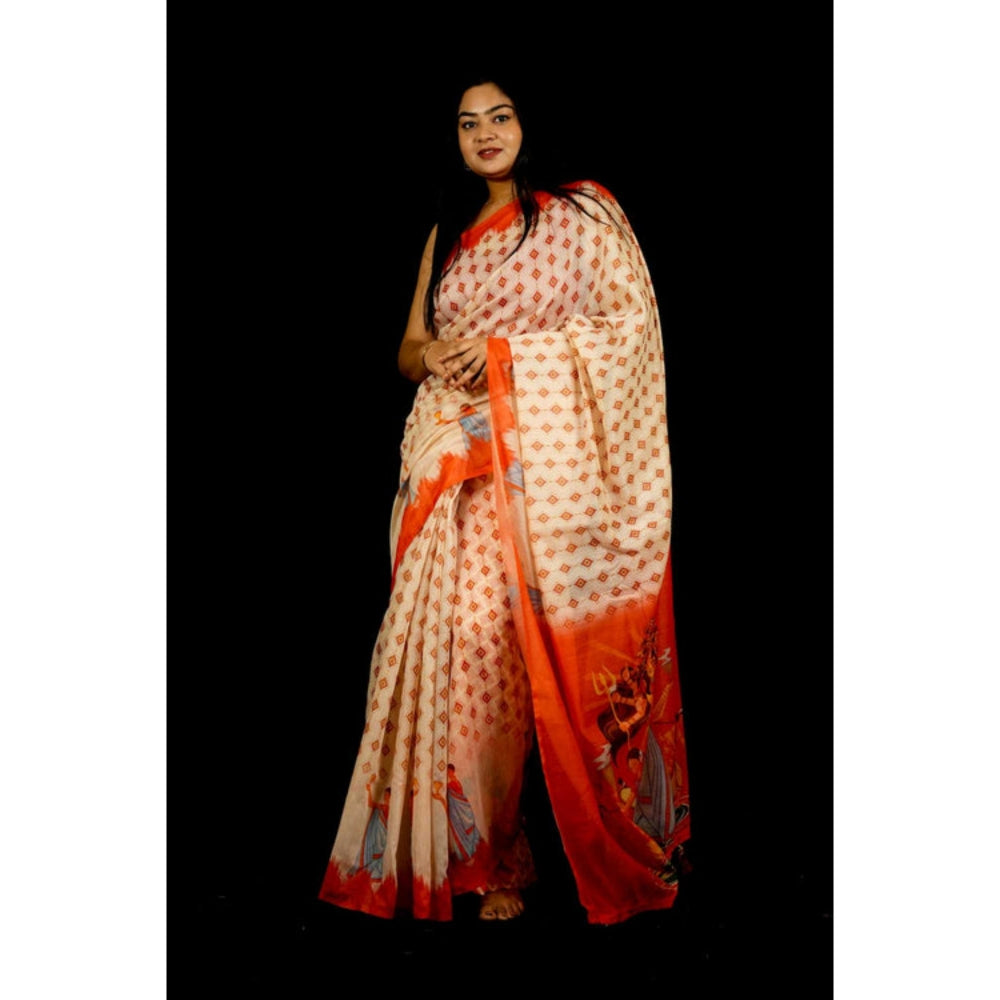 Isadora Life Womens Printed Tassels Cream Pre-Draped Saree With Unstitched Blouse