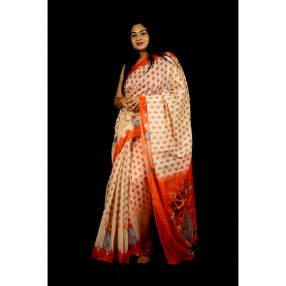 Isadora Life Womens Printed Tassels Cream Pre-Draped Saree With Unstitched Blouse