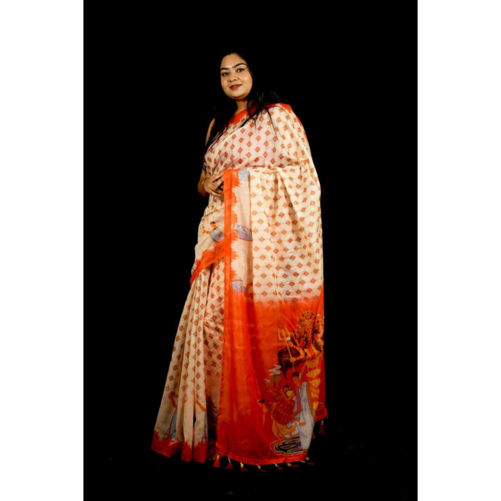 Isadora Life Womens Printed Tassels Cream Pre-Draped Saree With Unstitched Blouse
