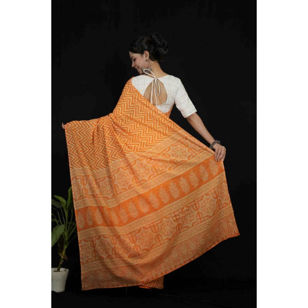 Isadora Life Womens Printed Orange Pre-Draped Saree With Unstitched Blouse