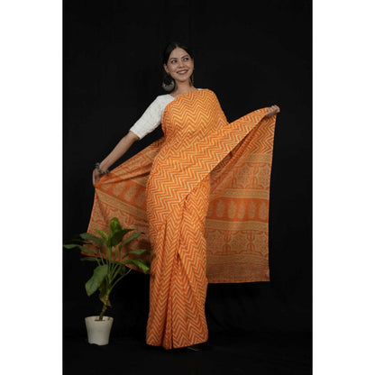Isadora Life Womens Printed Orange Pre-Draped Saree With Unstitched Blouse