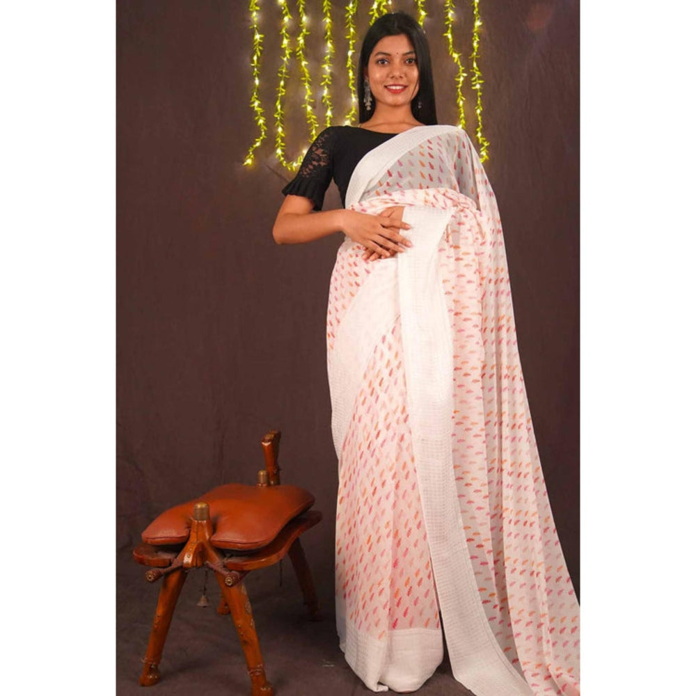 Isadora Life Womens Printed Tassels White Pre-Draped Saree With Unstitched Blouse