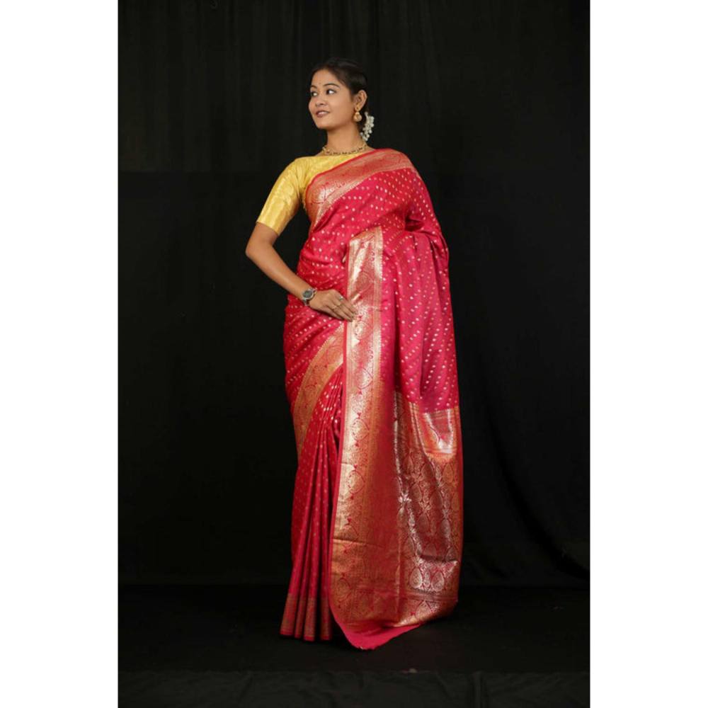 Isadora Life Womens Woven Zari Pink Pre-Draped Saree With Unstitched Blouse