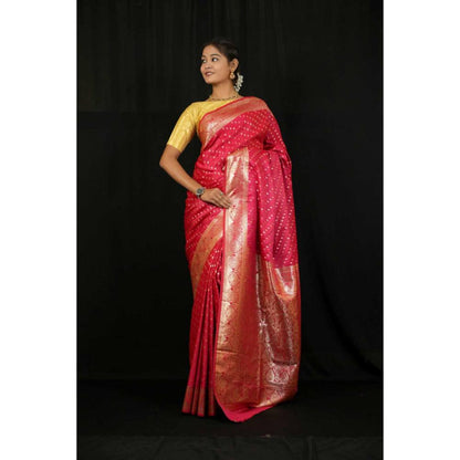 Isadora Life Womens Woven Zari Pink Pre-Draped Saree With Unstitched Blouse