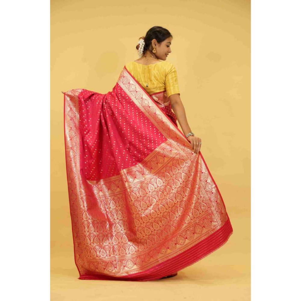 Isadora Life Womens Woven Zari Pink Pre-Draped Saree With Unstitched Blouse