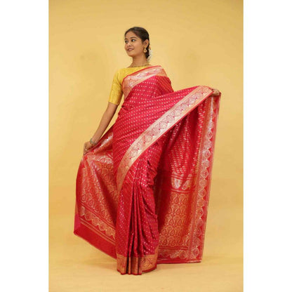 Isadora Life Womens Woven Zari Pink Pre-Draped Saree With Unstitched Blouse