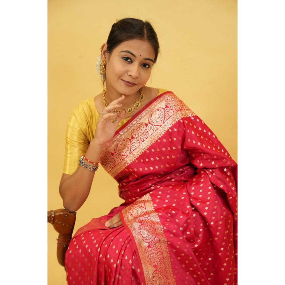 Isadora Life Womens Woven Zari Pink Pre-Draped Saree With Unstitched Blouse