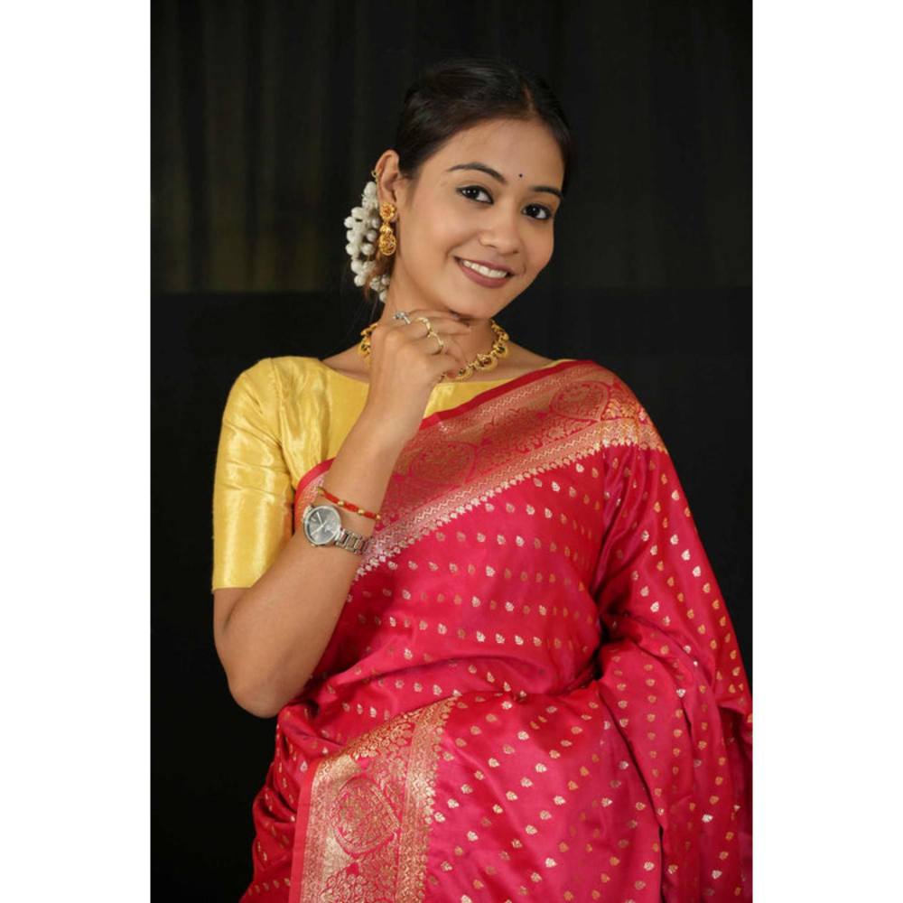 Isadora Life Womens Woven Zari Pink Pre-Draped Saree With Unstitched Blouse