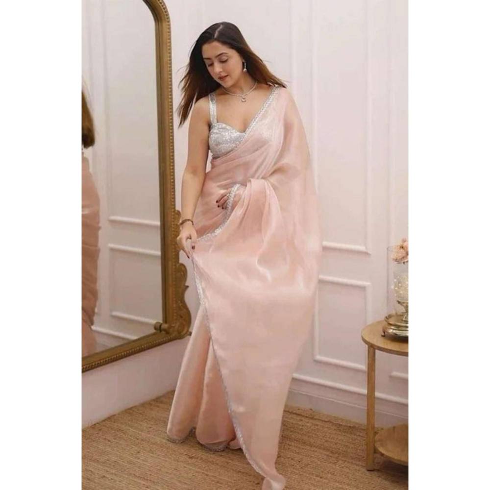 Isadora Life Womens Embroidered Sequined Peach Pre-Draped Saree With Unstitched Blouse
