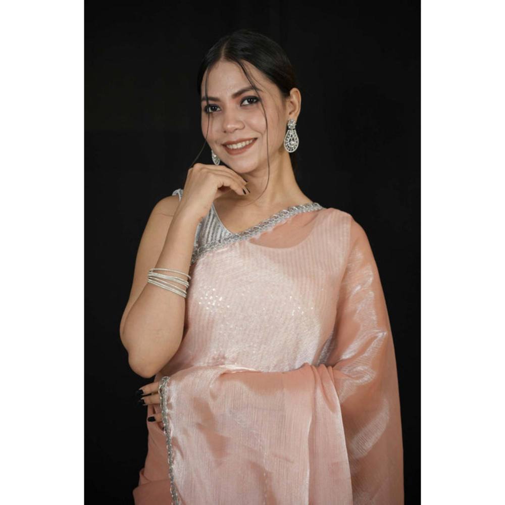 Isadora Life Womens Embroidered Sequined Peach Pre-Draped Saree With Unstitched Blouse
