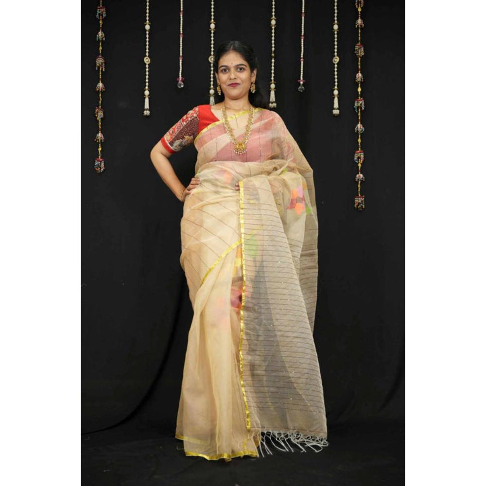 Isadora Life Womens Stripes Tassels Beige Pre-Draped Saree With Unstitched Blouse