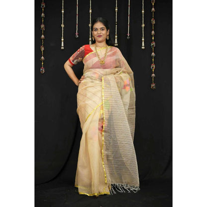 Isadora Life Womens Stripes Tassels Beige Pre-Draped Saree With Unstitched Blouse